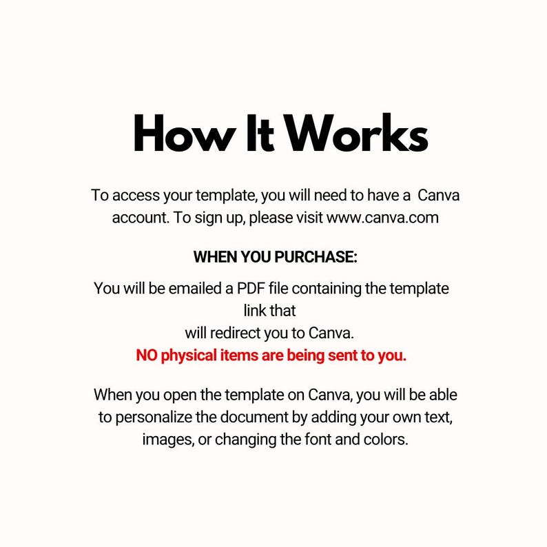 May include: Text explaining how to access a Canva template. You will receive a PDF file with a link to the template, which will redirect you to Canva. No physical items are sent. You can personalize the template by adding text, images, or changing the font and colors.
