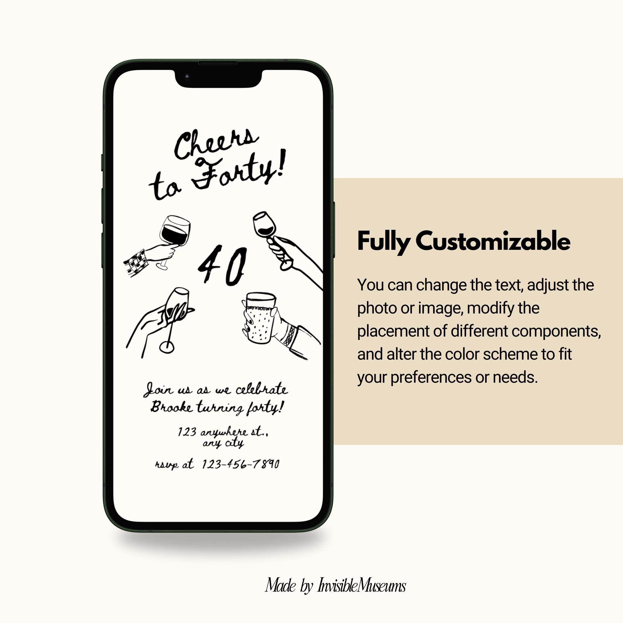 Digital 40th Birthday Invitation, Hand Drawn Cheers to 40 Invitation ...