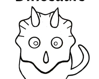 May include: A black and white line drawing of a cartoon dinosaur with three horns on its head and large eyes. The dinosaur is standing on its four legs and has a long tail. The word "Dinosaurs" is written above the dinosaur.