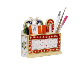 Exquisite Marble Pen Holder with Traditional Rajasthani Meenakari Design | Handcrafted Desk Organizer, Beautiful White Marble Pen Holder