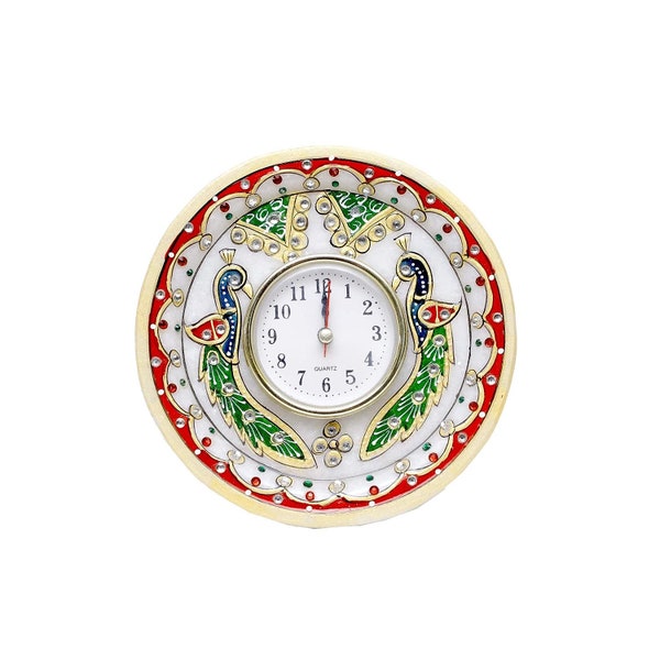 Rajasthani Meenakari Arbeit Marmor Uhr für Zuhause, Tischplatte Kunsthandwerk Home Decor Pfauenuhr, Multi Color Marmor Uhr, beste Geschenkidee