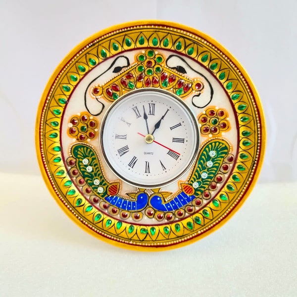 Montre ronde en marbre unique pour le bureau et la maison - Design Meenakari fabriqué à la main, montre ronde en marbre paon multicolore faite main