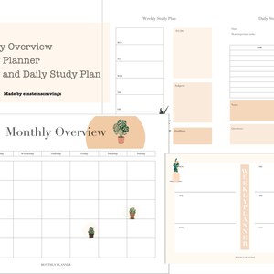 May include: A collection of printable planners with a minimalist design. The image includes a monthly overview, weekly planner, and weekly and daily study plan templates. Each template features a neutral color palette with botanical illustrations and the text "Monthly Overview", "Weekly Planner", and "Weekly and Daily Study Plan".