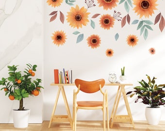 Pegatina étnica para pared, flores amarillas, flores de vinilo, naranja, girasol, adorno, decoración, sala de estar