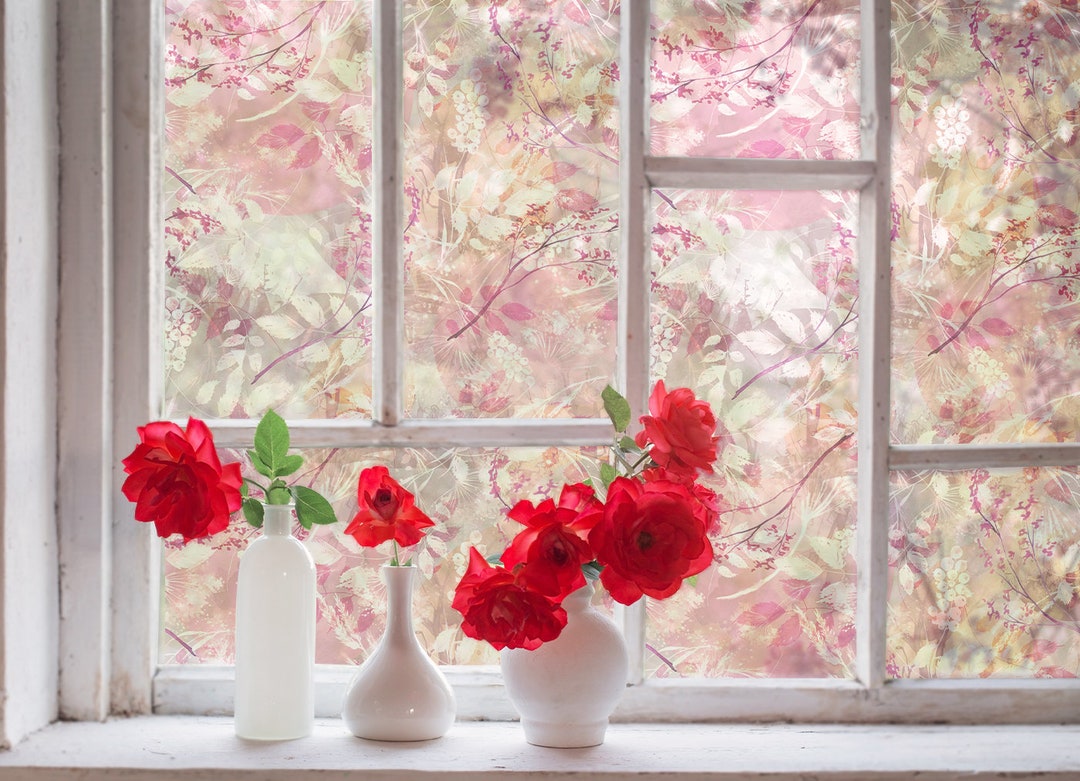 Decorative Pink Window Film, Floral Window Stickers, Privacy Bathroom