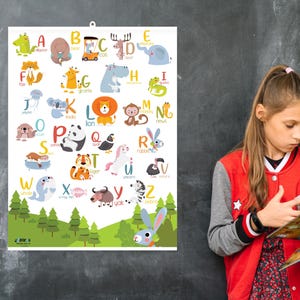 Englisches Alphabet Wandposter mit Tieren - A bis Z Diagramm für Kinder, Hängebanner mit Kunststoffhalter, lehrreiches Klassenzimmer Kinderzimmer Dekor