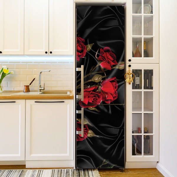 Retro Refrigerator Wrap, Floral Fridge Decals, Roses kitchen Decor