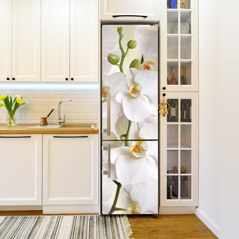 Vinilo para frigorífico con flores, funda floral para puerta de frigorífico, calcomanía para frigorífico con orquídea blanca