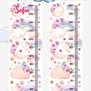 Hauteur de mur pour enfant, personnalisée, avec nom de l'enfant, mesure de la croissance, lune et règle de hauteur de mur arc-en-ciel pour enfants