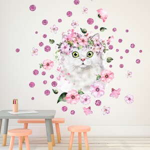 Wall sticker with Cat Wall, Art Stickers, Large Cat Sticker, Vinyl Wall Decal for Girl Room, Decorative Sticker for Wall, flowers on wall