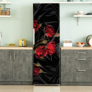 Dark Flower Refrigerator Wrap Vinyl, Red Roses Fridge Decal, Self Adhesive Fridge Sticker, Refrigerator Door Sticker, Retro Kitchen Decor