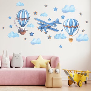 Airship Decal Nursery Wall Stickers, Airplane Sticker for Kids Room Decor, Vinyl Wall Decal for Baby Boy Nursery Decor Blue, Balloon
