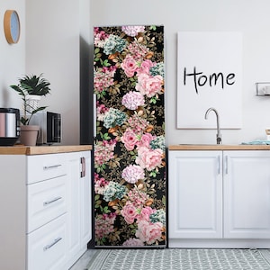 Fridge Wrap Dark Floral Refrigerator Decal Flowers Peony Fridge Vinyl Wrapping Self Adhesive Kitchen Decor