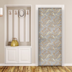 Golden Tree Vinyl Door Cover, Refrigerator Wrap Gold Style, Tree Leaves Fridge Decal, Peel and Stick Self Adhesive Stickers Fridge Door Skin