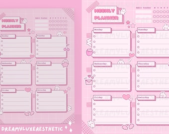 Afdrukbare weekplanner Kawaii Pink Bunny (A4, US Letter) (digitale download)