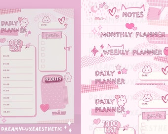 Kawaii Pink Bunny-planner: dagelijks, wekelijks, maandelijks (digitale download)