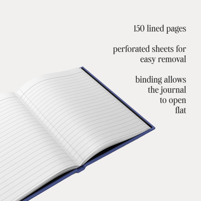 May include: An open journal with lined pages, featuring a blue binding. The text indicates 150 lined pages, perforated sheets for easy removal, and a binding that allows the journal to open flat.
