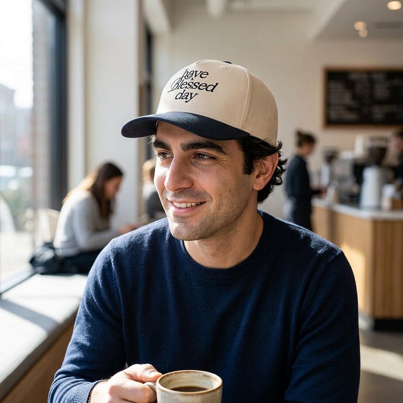 A man with dark hair wears a cream and black baseball cap embroidered with "have a Blessed day" and holds a coffee cup in a cafe.