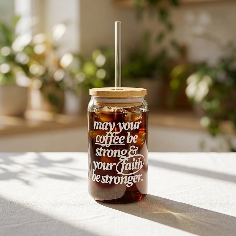 May include: A clear glass tumbler filled with iced coffee, featuring a bamboo lid and a glass straw. The tumbler has white text that reads "may your coffee be strong & your faith be stronger."