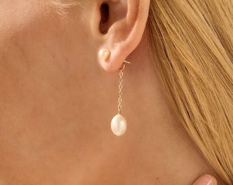 Pendientes colgantes de perlas de agua dulce reales, pendientes colgantes de perlas minimalistas, pendientes de perlas reales, regalo de Navidad, pendientes de oro, regalos de dama de honor