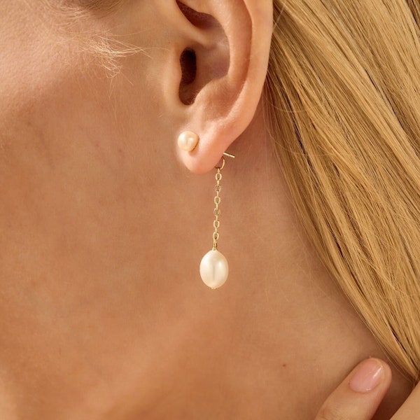 Echte Süßwasserperle Tropfen Ohrringe, Minimalistische Perle baumeln Ohrringe, echte Perle Ohrringe, Weihnachtsgeschenk, Gold Ohrringe, Brautjungfer Geschenke