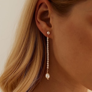 Freshwater Pearl Drop Earrings, Dainty Pearl Chain Earrings, Wedding Earrings for Bride, Statement Earrings, Bridesmaid Gift, Christmas Gift
