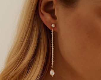 Freshwater Pearl Drop Earrings, Dainty Pearl Chain Earrings, Wedding Earrings for Bride, Statement Earrings, Bridesmaid Gift, Christmas Gift