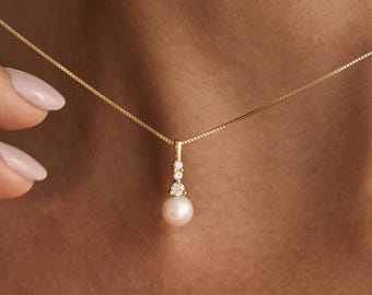 925 Sterling Silver Pearl Necklace with Diamond, Dainty Pearl Necklace, Bridesmaid Necklace,Wedding Necklace,Bridal Necklace,Gift for Mom