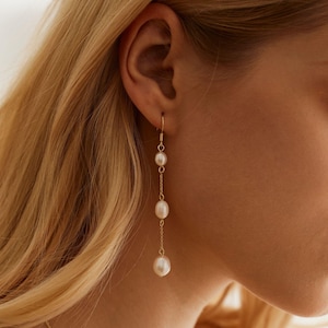 Real Natural Freshwater Pearl Drop Earrings, Wedding Earrings, Long Pearl Earrings, Bridal Jewelry, Bridesmaid Gift, Mother&#39;s Day Gift Her
