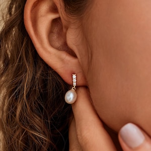Diamond Pearl Drop Earrings, Minimalist Earrings, Women Diamond Earrings, Bridal Earrings, Wedding Jewelry, Bridesmaid Gift, Gift for Mom