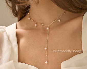 Collier Lariat en véritables perles d'eau douce, collier en Y en or, collier de mariage délicat, collier goutte pour femme, cadeaux de demoiselle d'honneur, cadeau de Noël