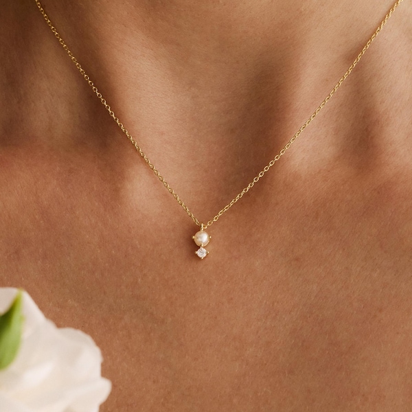 Sierlijke parelketting met CZ-diamanten, minimalistische 14K vergulde parelketting, bruidsketting, cadeau bruidsmeisje, cadeau voor moeder