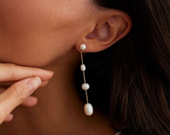 Natural Freshwater Pearl Drop Earrings, Bridal Earrings, Long Pearl Earrings, Dangle Earrings,Wedding Jewelry,Bridesmaid Gift,Christmas Gift