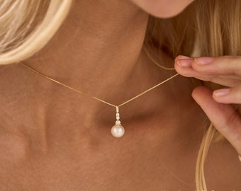 Collier de perles minimaliste en argent sterling 925 avec diamant, collier de mariage, collier de mariée, cadeau de demoiselle d'honneur, bijoux en or, cadeau de Noël