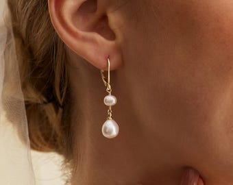 Natural Freshwater Pearl Drop Earrings, Minimalist Drop Earrings, Wedding Bridal Long Earrings, Bridesmaid Gift, Maid of Honor Gift for Her