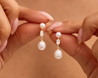 Handmade Pearl Diamond Earrings, Natural Freshwater Pearl Drop Earrings, Elegant Pearl Drop, Wedding Bridal Jewelry, Bridesmaid Gift For Her