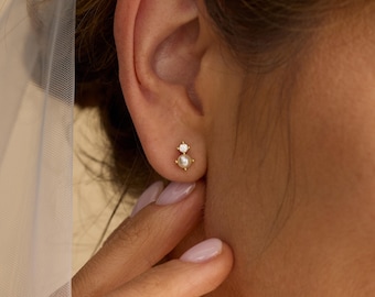 Natural Freshwater Pearl Stud Earrings, CZ Diamond Pearl Earrings, Bridal Wedding Earrings, Pearl Jewelry, Bridesmaid Gifts, Gifts for Her