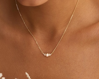 Dainty Pearl Necklace with CZ Diamond, Minimalist Pearl Necklace, Bridal Necklace, Wedding Jewellery, , Mom Gifts, Mother's Day Gift for Her