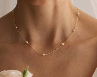 Collar de perlas de múltiples hilos, collar de perlas naturales de agua dulce, collar de perlas de oro de 14 quilates, collar de boda, regalo de dama de honor, regalo para ella