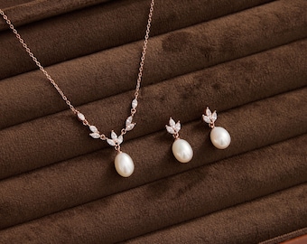 Zierliche Süßwasser Perle Schmuck Set, Blatt Diamant Perlenkette, Hochzeit Schmuck Set, Braut Ohrringe, Brautjungfer Geschenk, Geschenk für Sie