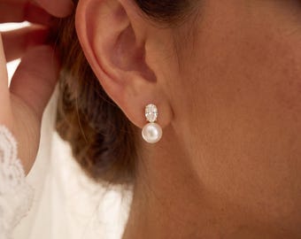 Natural Freshwater Pearl Diamond Earrings, Wedding Oval CZ Earrings, Bridesmaid Earrings, Maid of Honour Gift, Bridal’s Gift for Her