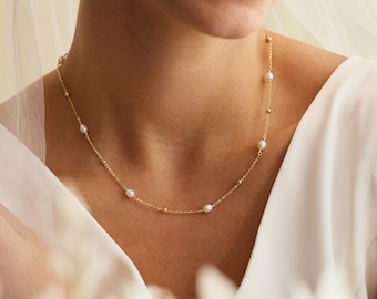 Collar de perlas naturales de agua dulce, collar de perlas delicadas, collar de perlas, joyería de perlas auténticas, joyería de boda, regalo para damas de honor.