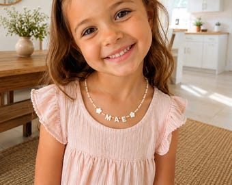 Toddler Custom Name Necklace, Mother of Pearl Letter Name Necklace, Back to School Gift, Wedding Flower Girl Gifts, Kids Beaded Necklace