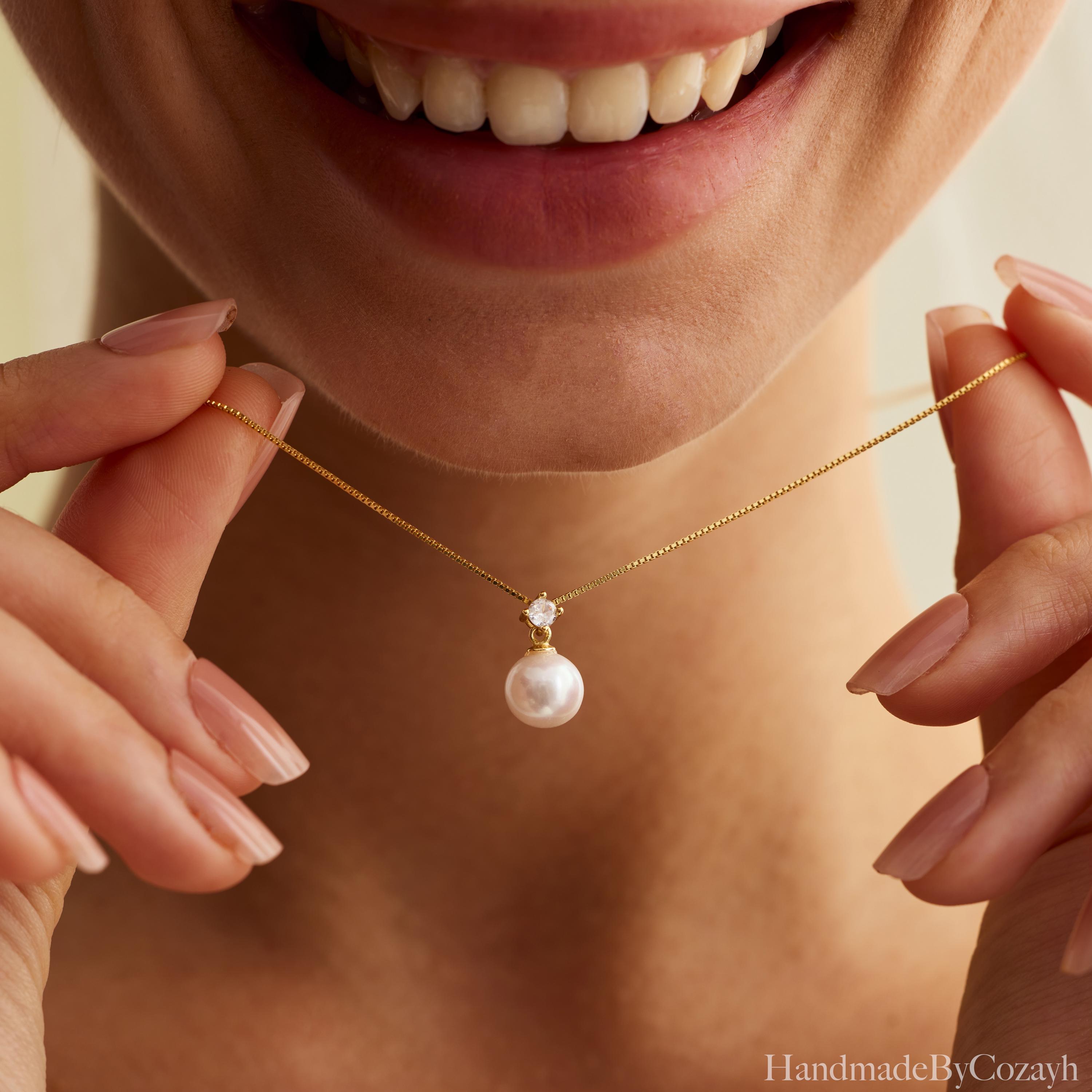 Natural Pearl Necklace With CZ Diamond, Simple Pearl Pendant