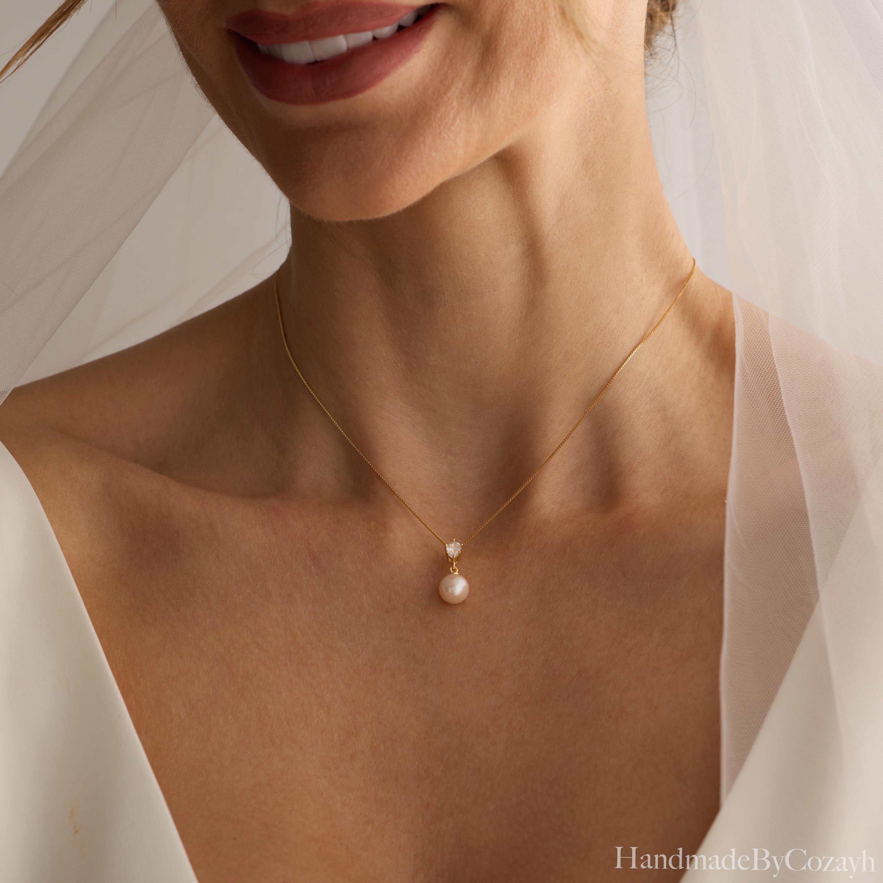Minimalist Freshwater Pearl Necklace with Diamond, Wedding Necklace, Bridal Necklace, Mother Necklace, Gift for Her Bridesmaids
