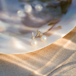 Véritable boucle d'oreille en perle d'eau douce avec diamant, boucles d'oreilles pendantes en perles, boucles d'oreilles de mariée simples naturelles en or, cadeau de Noël, cadeau de demoiselle d'honneur image 6