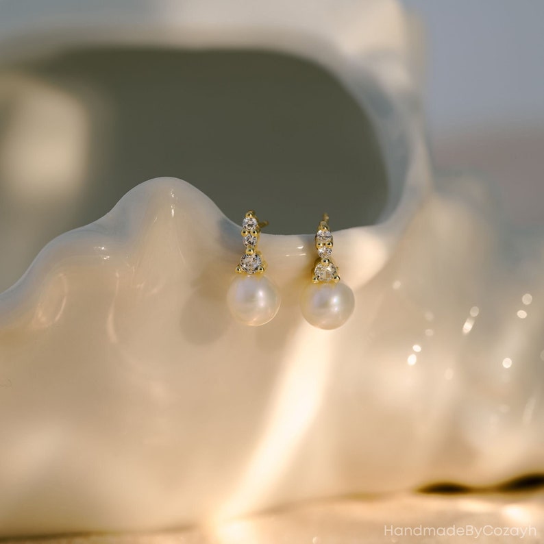 Real Fresh water Pearl Earring with Diamond, Pearl Dangle Earrings, Natural Simple Bridal Earrings in Gold, Christmas Gift, Bridesmaid Gift image 2