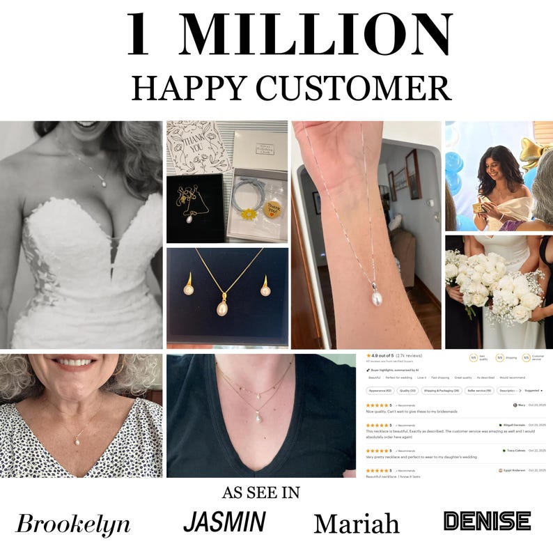 May include: A collage featuring jewellery sets with white pearl pendants on gold and silver chains, including matching earrings. The image displays customer photos, product packaging, and text reading 1 MILLION HAPPY CUSTOMER and AS SEE IN.