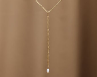 Freshwater Pearl Lariat Necklace, Minimalist Oval Pearl Necklace, Gold Y Necklace, Wedding Necklace, Bridesmaid Gift, Mother's Day Gift
