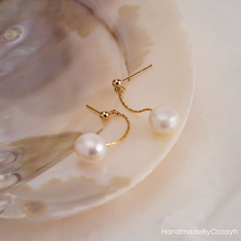 Fresh water Pearl Drop Earring, Minimalist Pearl Dangle Earrings, Natural Simple Bridal Earrings in Gold, Wedding Earrings, Bridesmaid Gift image 4